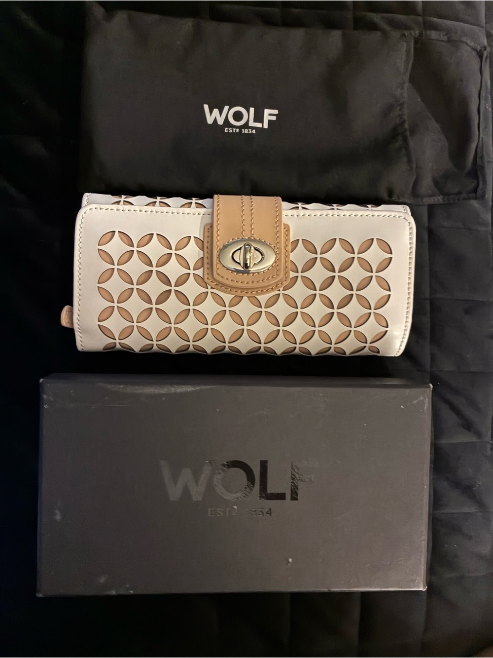 WOLF White and Tan Laser-Cut Leather Jewelry Clutch Wallet